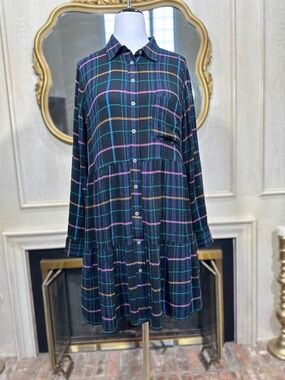 LOFT Dress L Black Multi Color Plaid Tiered Stretch Modern Grunge Whimsigoth